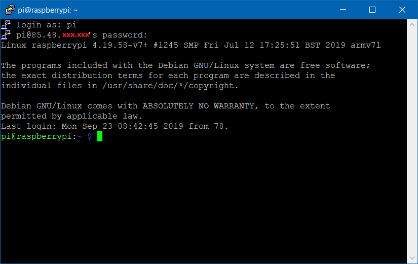 Conectado con éxito a Raspberry